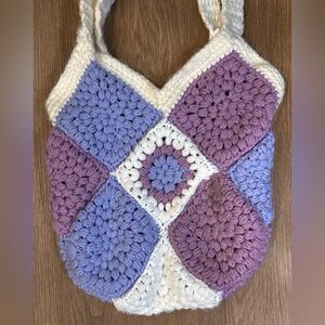 Handmade Crochet Granny Square Tote Bag Ivory Purple Lavender Yarn Boho